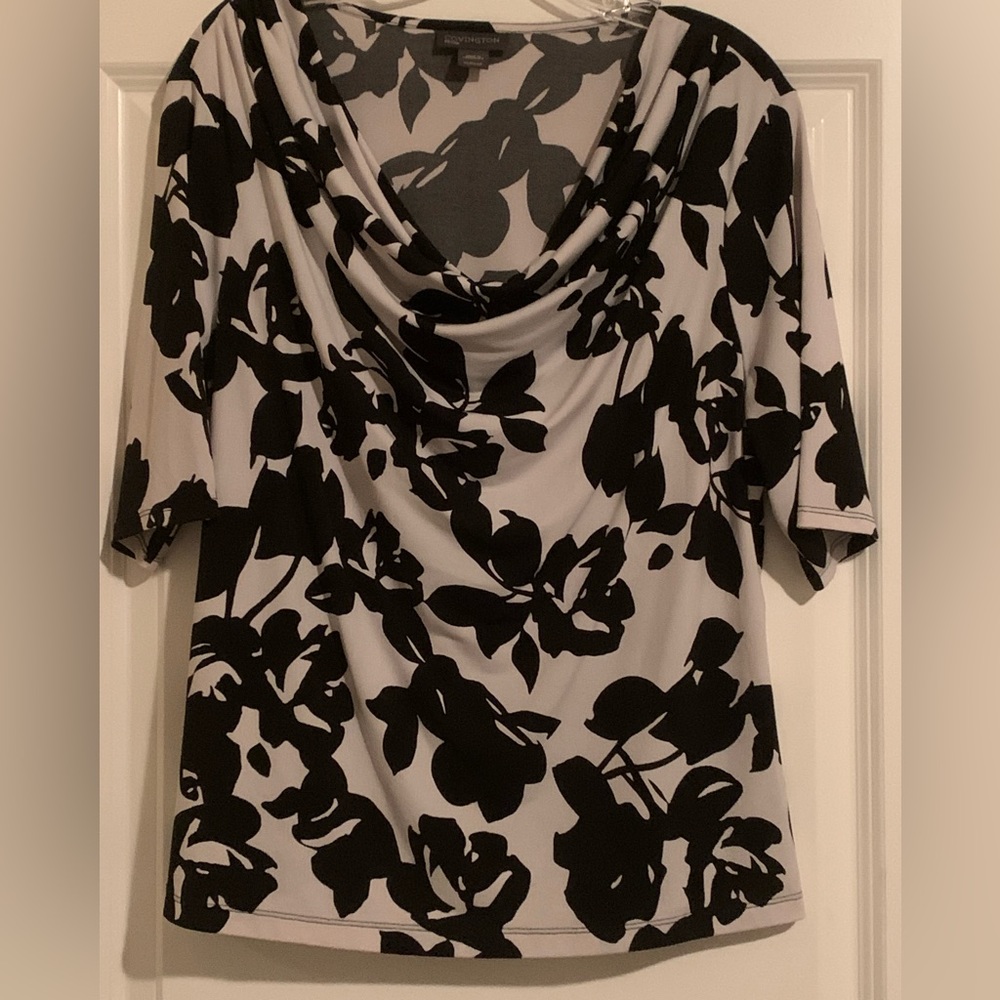 Covington Petite XL Silky Black & White Cowell Neck Top